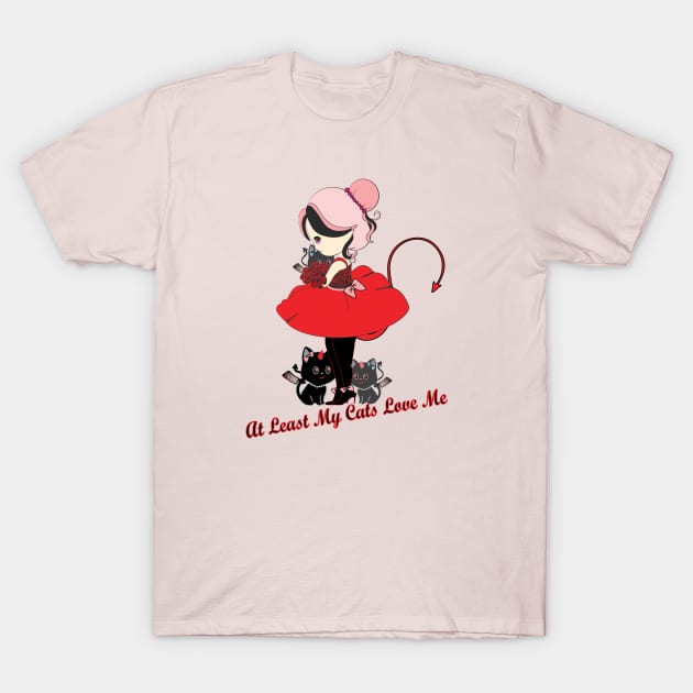 Cute Anime Girl with Demon Cats T-Shirt by PlayfulPandaDesigns